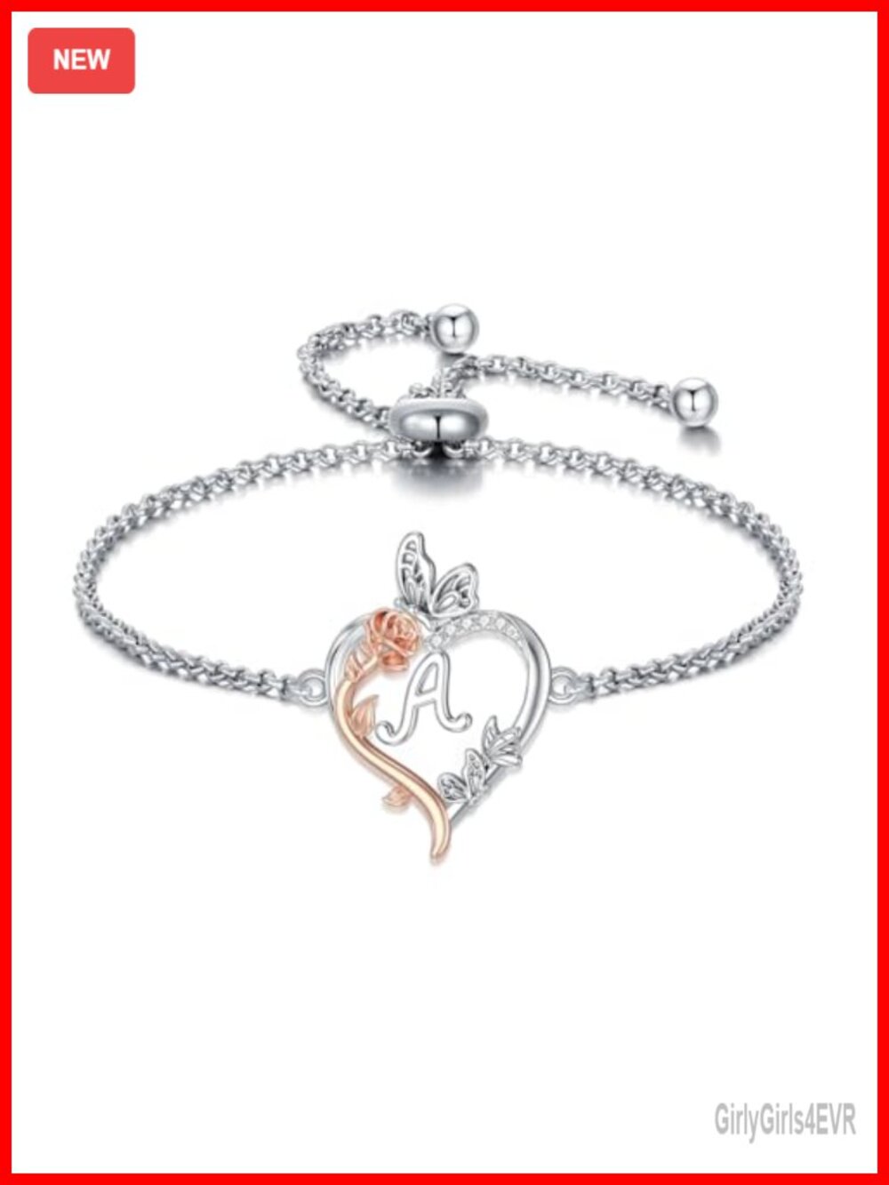 925 Sterling Silver Heart Initial Bracelet Butterfly Rose 9in